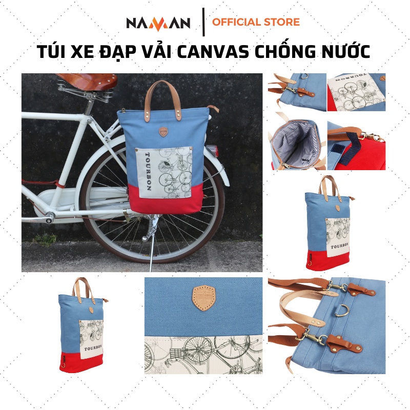 Túi treo xe đạp treo ghi đông, tay lái, treo yên xe Tuorbon vải Canvas chống nước phối da thật TB1017CA