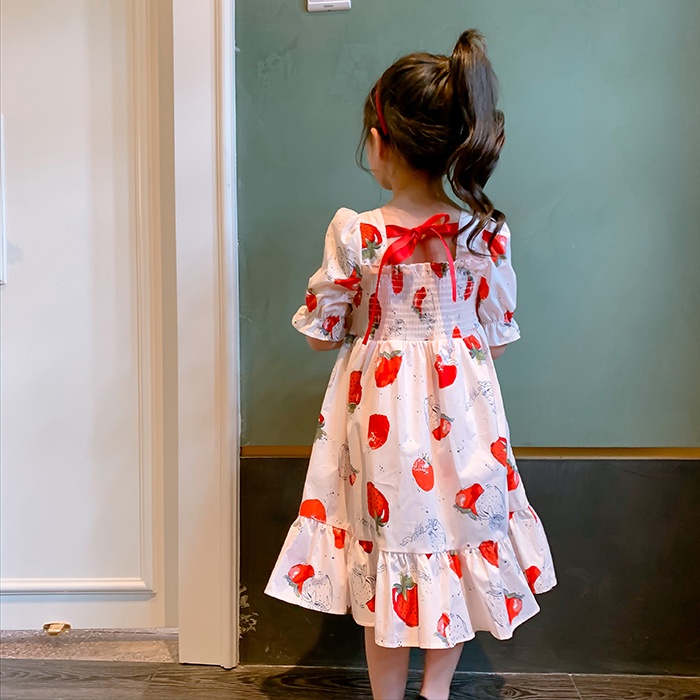 Đầm Đi Biển Vải Cotton Họa Tiết Dâu Tây Đáng Yêu Cho Bé Gái
