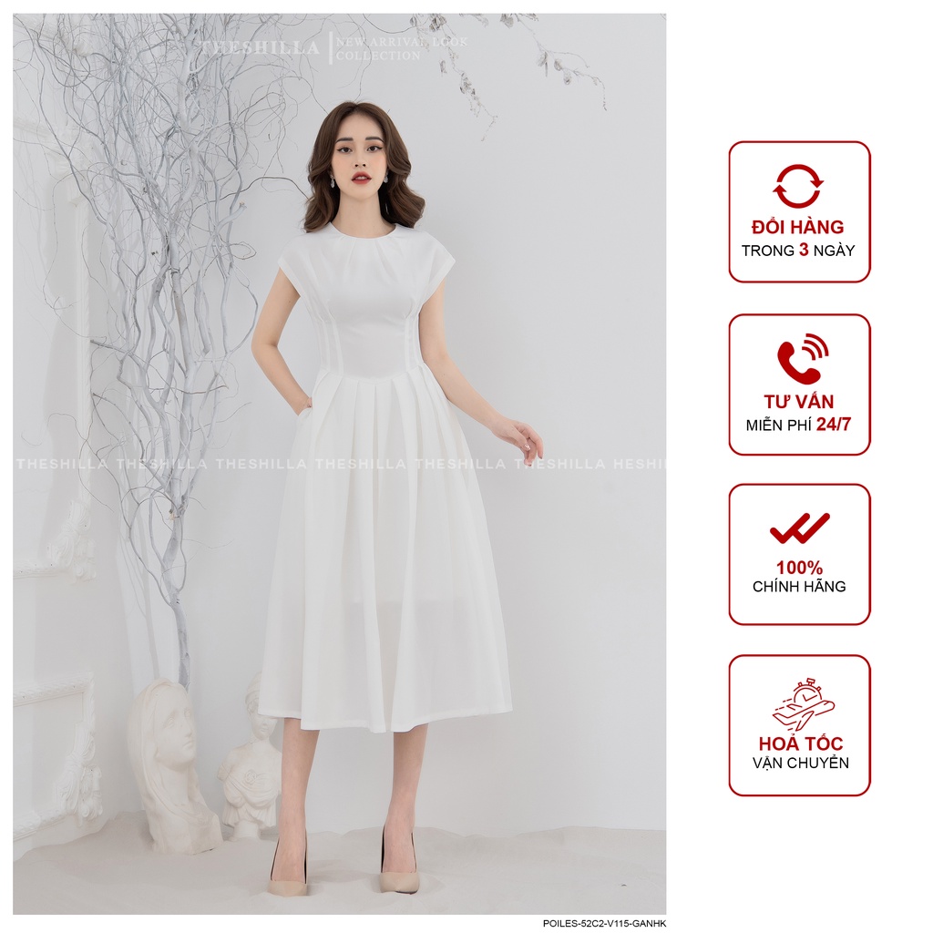 Váy thiết kế cao cấp trắng tay con form xòe xếp ly [ Có video + Ảnh thật ] The Shilla - Poiles-53C0
