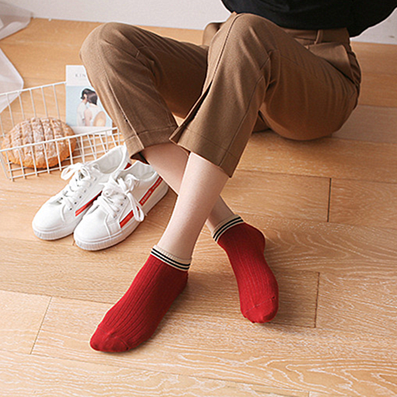 Vớ vải cotton cổ thấp chống trượt họa tiết kẻ hai sọc dành cho học sinh