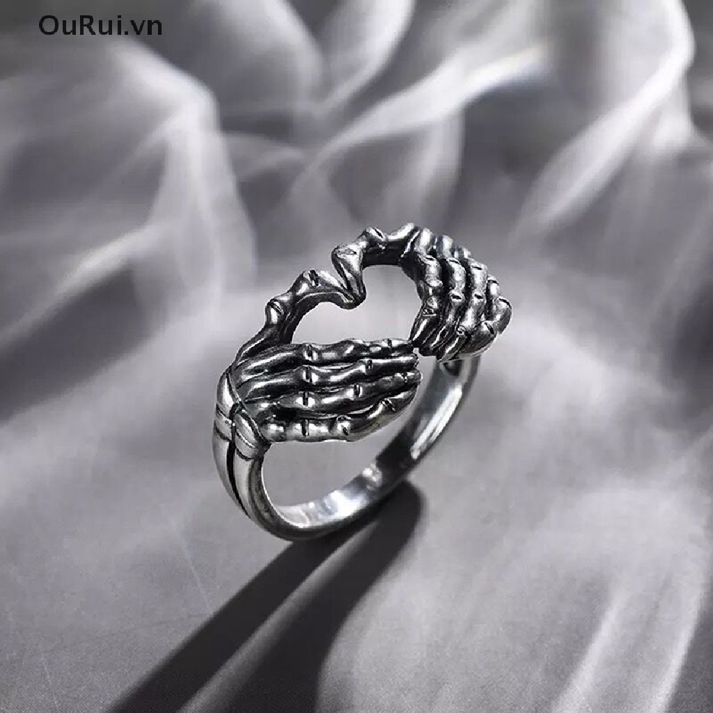 Nhẫn đôi mạ bạc hình bàn tay phong cách punk gothic sáng tạo