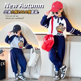 Set áo polo cổ đứng hình gấu và quần thể thao phong cách mới cho nữ