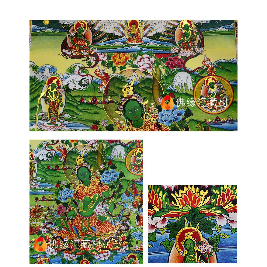 Thangka bổn tôn Tara Xanh - Pháp khí Mật tông - Phật giáo Tây Tạng
