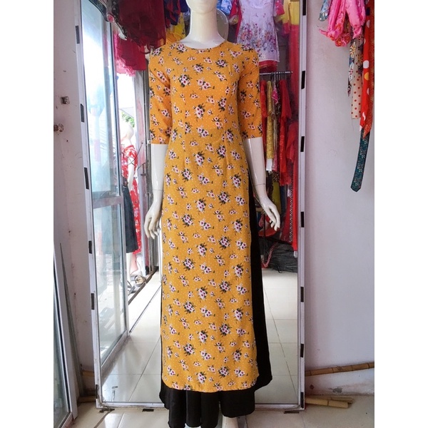 Áo dài vàng lụa Nhật hoa nhí 2 tà