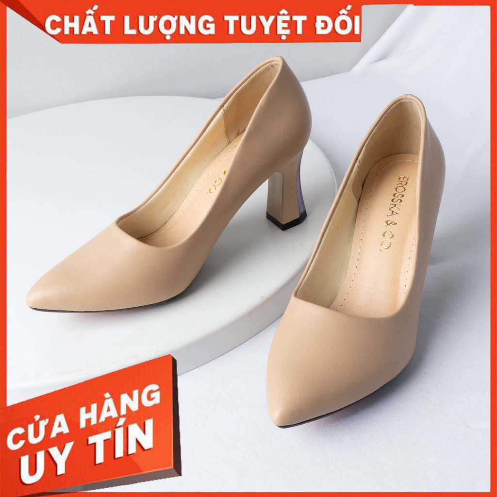 Giày Cao Gót Mũi Nhọn Gót Vuông Kiểu Dáng Cơ Bản Cao 7cm Màu Đen Nude