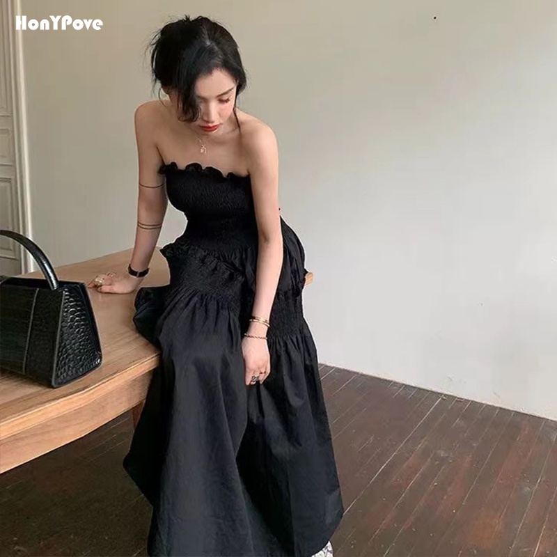 Honypove Đầm Dài Ôm Dáng Hở Vai Một Bên Vai Phong Cách Thiên Nga Đen Thời Trang Mùa Hè Mới