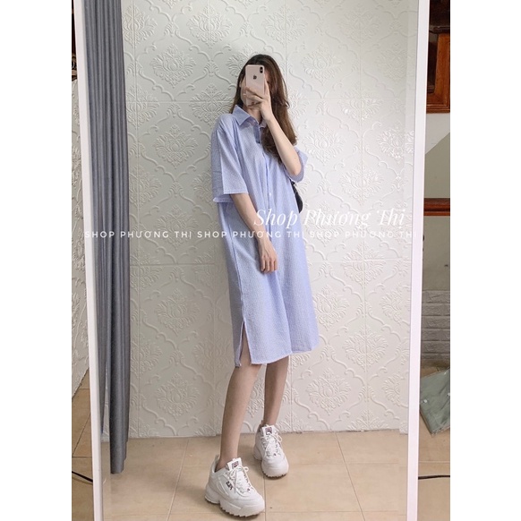 Váy sơ mi kẻ dáng suông - Đầm nữ oversize (video/sẵn) | BigBuy360 - bigbuy360.vn