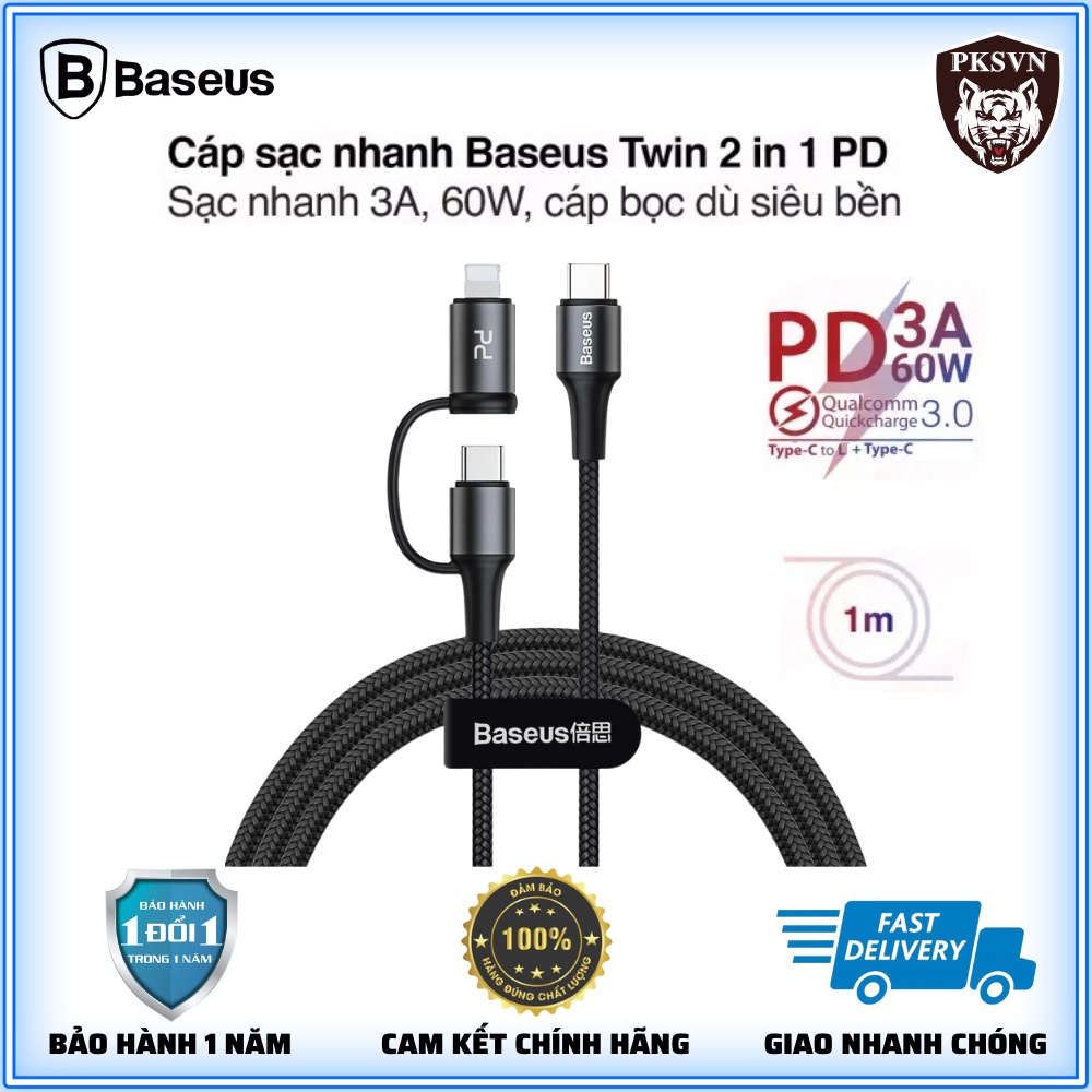 Cáp Sạc Nhanh 60w Baseus Twins 2 in 1 - Dây Sạc Nhanh Cao Cấp C to C and C to L 2 Đầu Hỗ Trợ Truyền Dữ Liệu Dài 1M