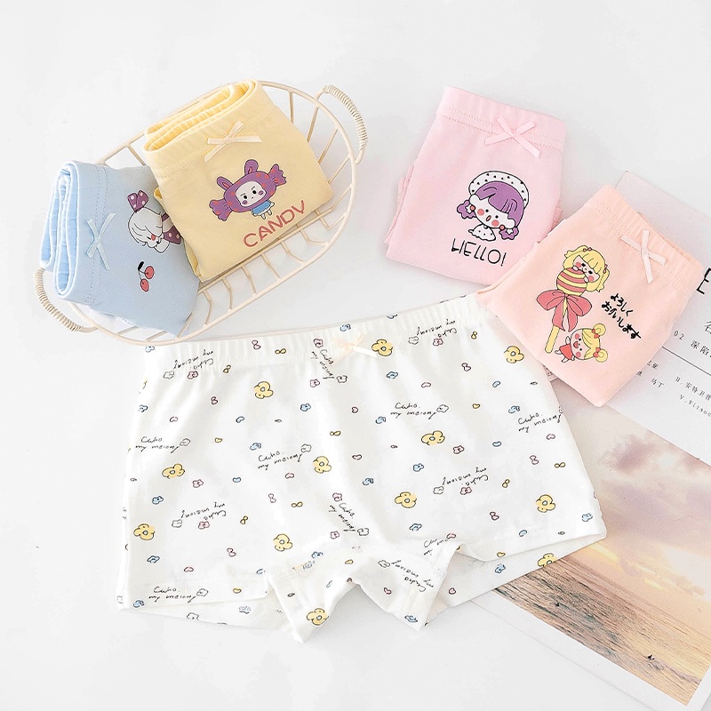 Bộ 5 Quần Lót Boxer Cotton Thoáng Khí In Họa Tiết Hoạt Hình Cho Bé Gái 3-12 Tuổi