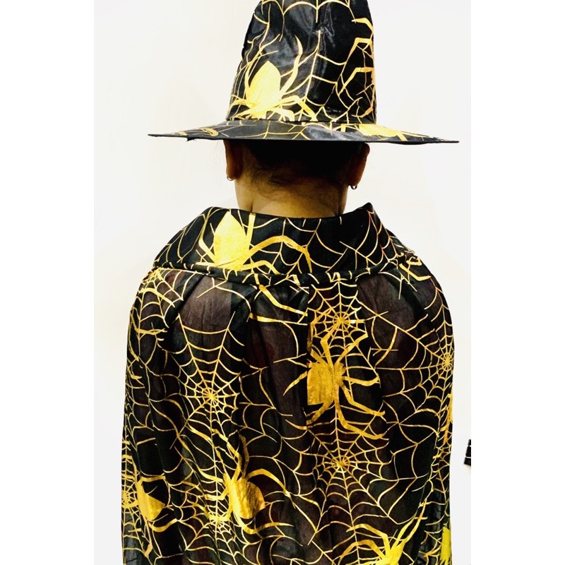 Áo Choàng và nón phù thuỷ trang phục Halloween hoa văn nhện vàng