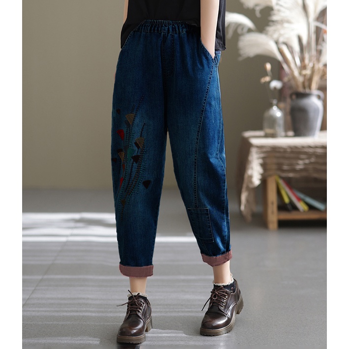 Quần jean nữ thêu hoa, quần bò nữ phong cách trung hoa chất denim cao cấp không bai, xù QS39