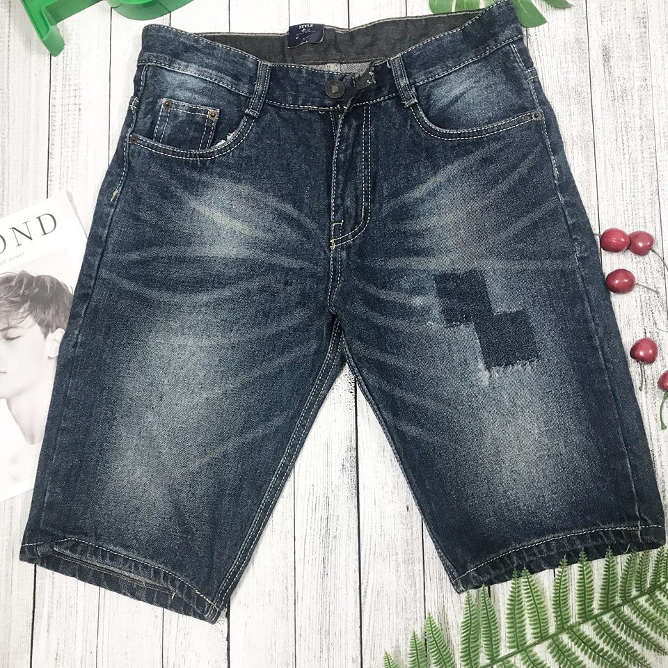 Quần short jean xanh wax rách phối