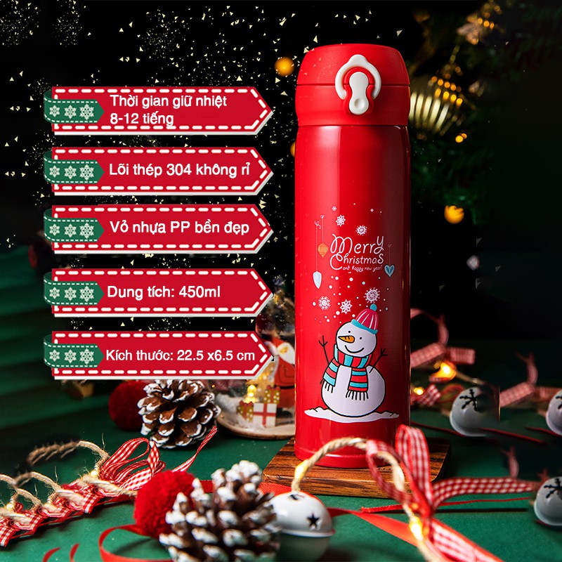 Bình nước giữ nhiệt Noel 500ml quà tặng giáng sinh 2021 cho người thân bạn bè đồng nghiệp