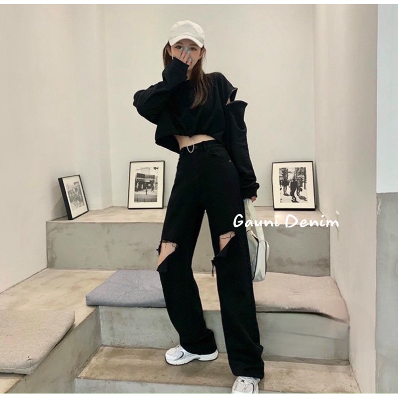 Quần jean nữ rách ống rộng lưng cao rách màu đen cấp quần bò nữ ống rộng - GD08 | BigBuy360 - bigbuy360.vn