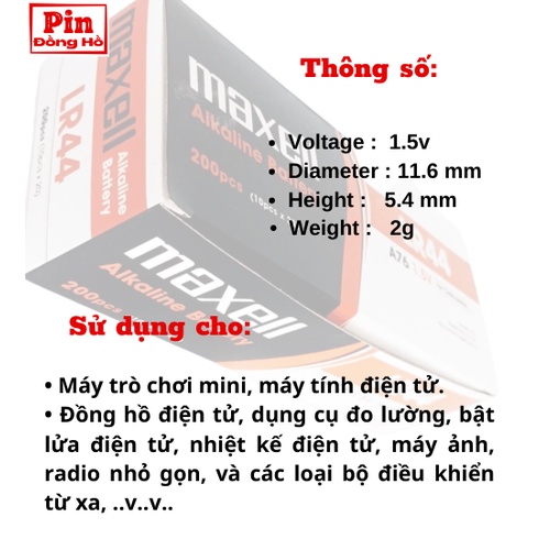 Pin 41,44,1130 Maxell LR41, LR44, LR1130 1 vỉ 10 viên. Dùng cho cmos, thiết bị điện tử, pin đồng hồ,....