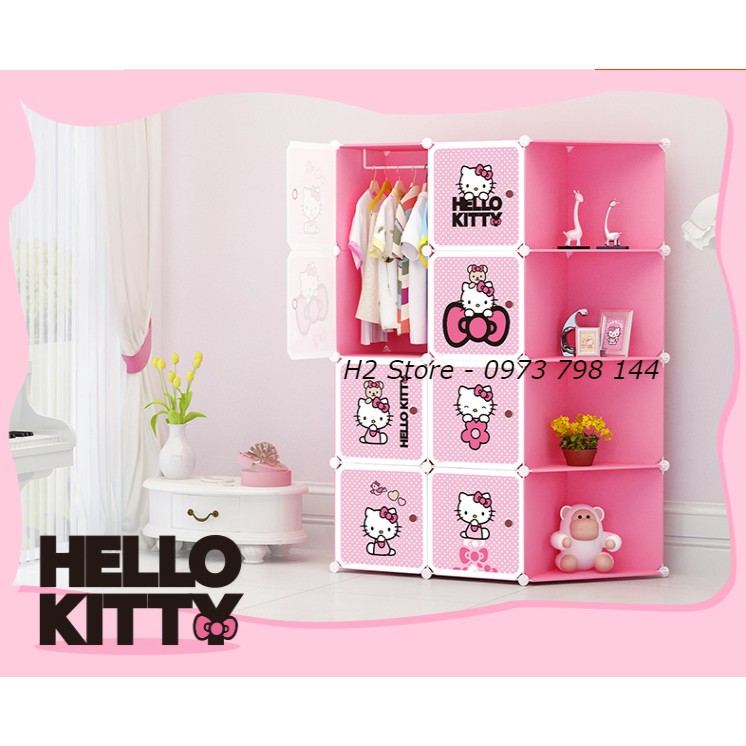 XƯỞNG TỦ NHỰA LẮP GHÉP 12Ô HỒNG MÈO KITTY ĐỂ QUẦN ÁO ĐA NĂNG THÔNG MINH sâu 47cm