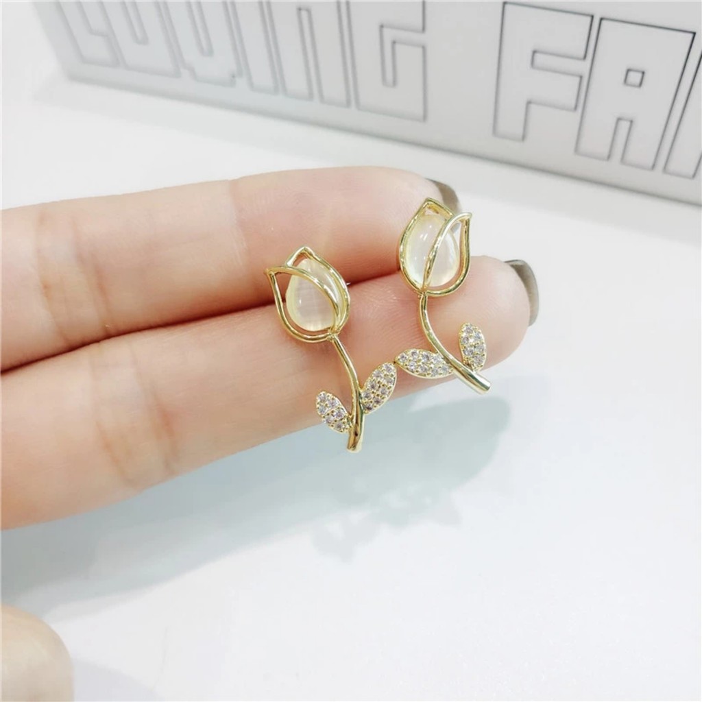 Bông Tai Kim Bạc S925 Thiết Kế Hình Hoa Hồng Đính Đá Sang Trọng Phong Cách Hàn Quốc - Hadichi
