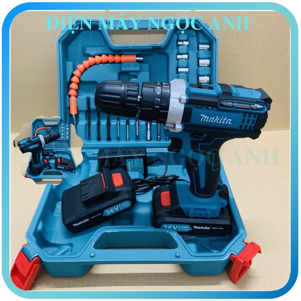 Máy khoan pin bắt bắn vặn vít bê tông mini cầm tay chổi than Makita 36V chính hãng đa năng giá rẻ kèm 24 chi tiết