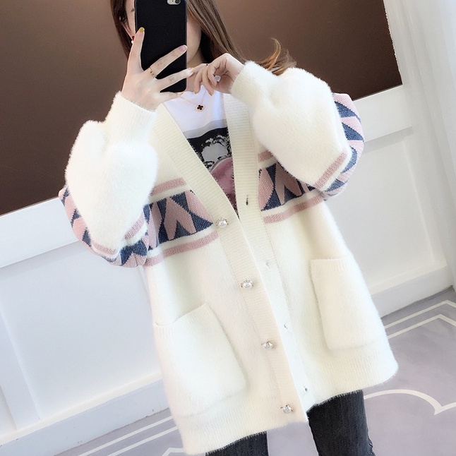 【ZHELIHANGFEI】Áo Cardigan Dệt Kim Tay Dài Cổ Chữ V Dáng Rộng Dễ Phối Đồ