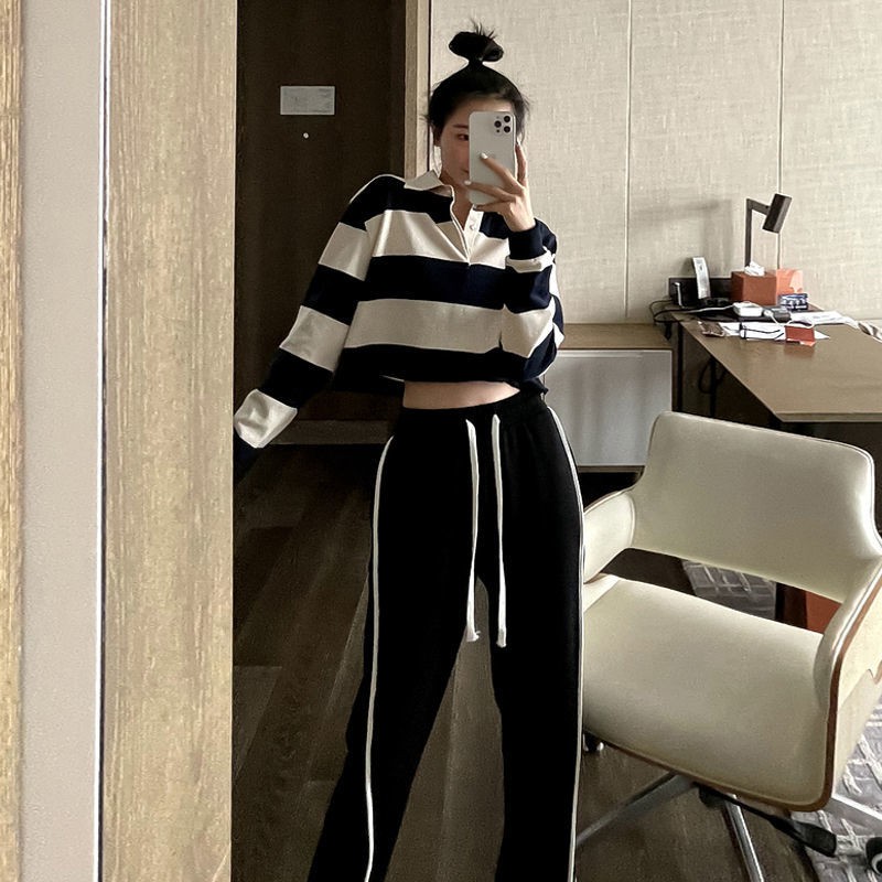 Quần thể thao ống rộng lưng cao phối dây rút phong cách Hàn Quốc thời trang xuân thu mới cho nữ