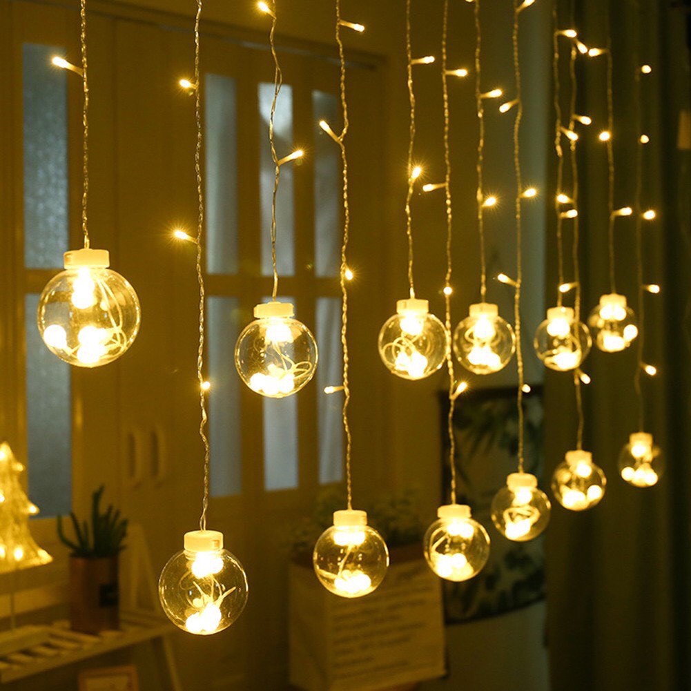 Rèm Banh Đèn Led 12 Sợi Thả Dài 3 Mét Bóng Tròn Cherry Ball Trang Trí Ngoài Trời Quán Cafe Ban Công Sân Vườn