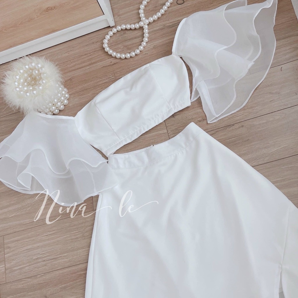 Đầm nữ trễ vai tay bèo phối voan  kèm chân váy xẻ đùi siêu xinh