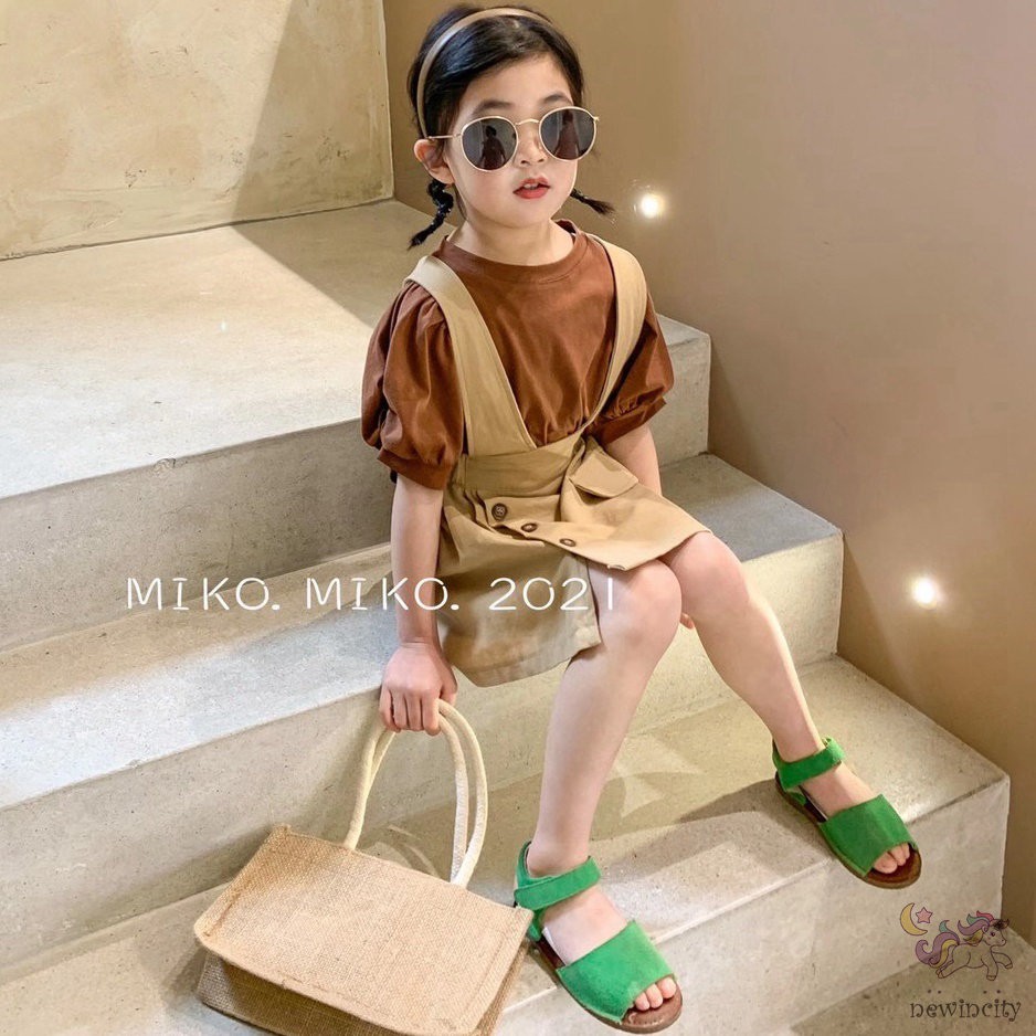 Set áo tay phồng kèm váy yếm phong cách Hàn Quốc thời trang mùa hè cho bé gái