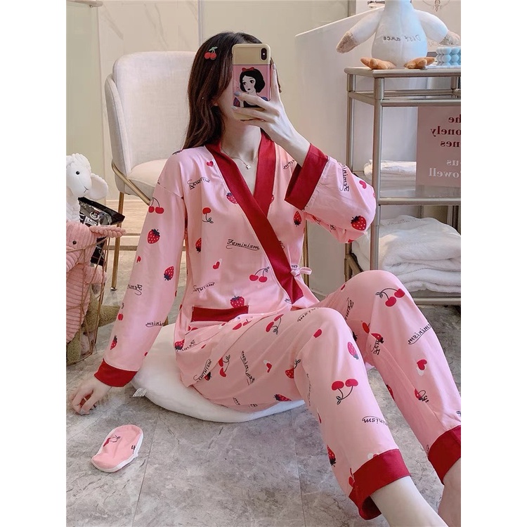 Bộ đồ bầu thu đông hoạt tiết dễ thương - Đồ bộ bầu sau sinh dài  tay KIMONO chất thun sữa siêu mềm mịn, thoải mái  BD948