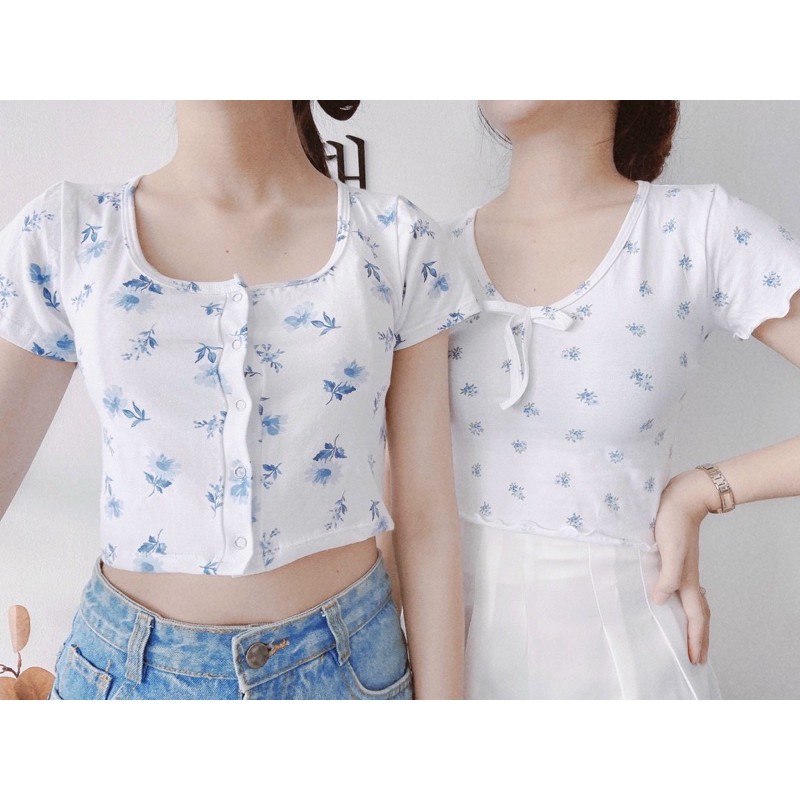 Áo Croptop Vườn Hoa Nhí 2 Kiểu Thắt Nơ Và Cúc Bấm