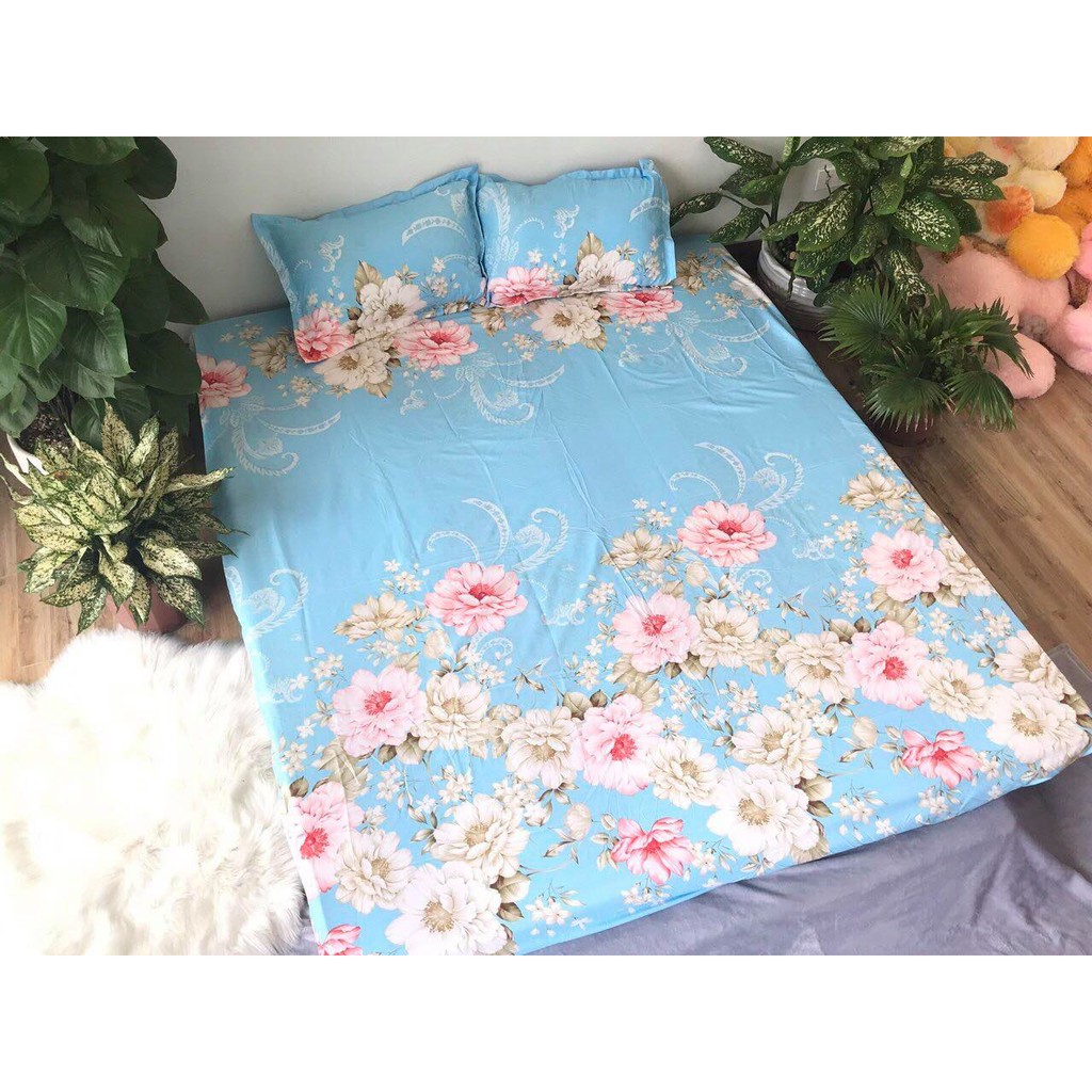 Sét Chăn Ga Gối 5 Món Cotton Poly Emmidecor Mẫu Hoa Xanh