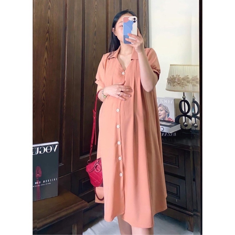 Váy Bầu kiểu sơ mi,ảnh thật cận chất -3 màu siêu xinh-chất đũi thấm hút mồ hôi-mặc đi làm ,đi chơi- freesize 43-68kg