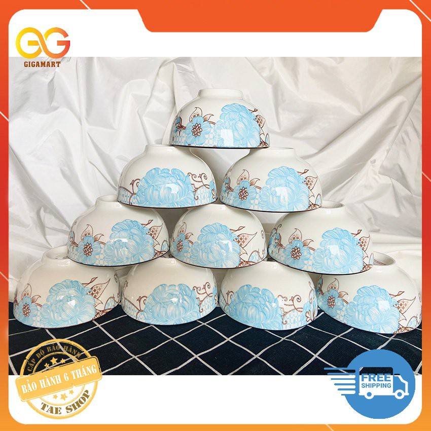[HÀNG CAO CẤP] Bộ 10 chén ăn cơm sứ cao cấp, họa tiết hoa 3d, miệng bát kẻ chỉ màu, set 10 bát ăn cơm- gốm sứ Camellia