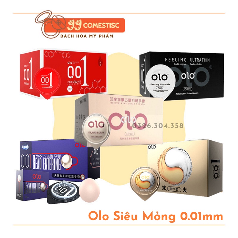 Bcs olo 0.01 [CHÍNH HÃNG 100%] siêu mỏng nhiều gel bôi trơn kéo dài thời gian 001mm Hộp 10 bao cao su