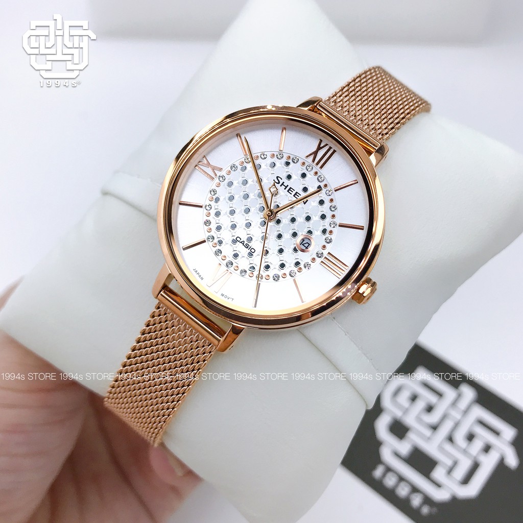 Đồng hồ nữ Casio Sheen SHE-4059 / SHE-4059PGM-7A đính đá pha lê Swarovski, dây thép không gỉ, size 34mm, hàng chính hãng
