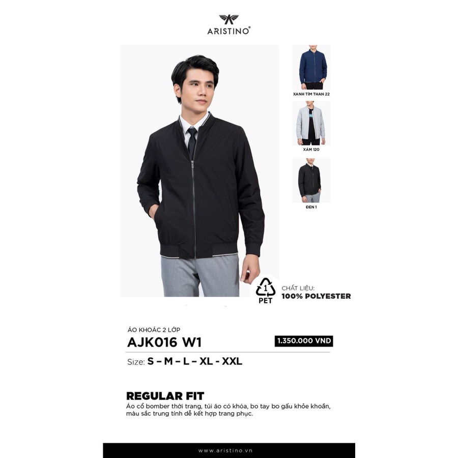 Áo khoác gió nam Aristino AJK016W1 hai lớp, tay bo gấu, cổ bomber