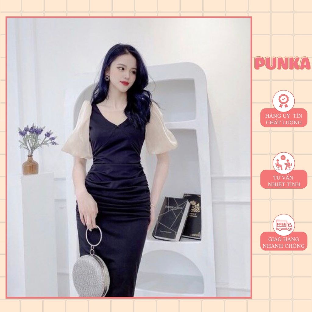 Đầm dự tiệc body chất liệu umi Hàn phối tơ cánh tay cao cấp có giãn 4 chiều thoải mái