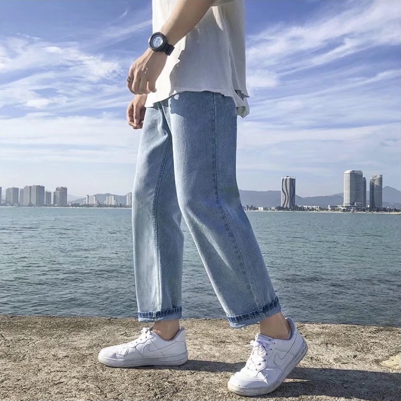 QUẦN BAGGY JEANS XANH TRƠN FORM UNISEX NAM NỮ (hình chụp thật)