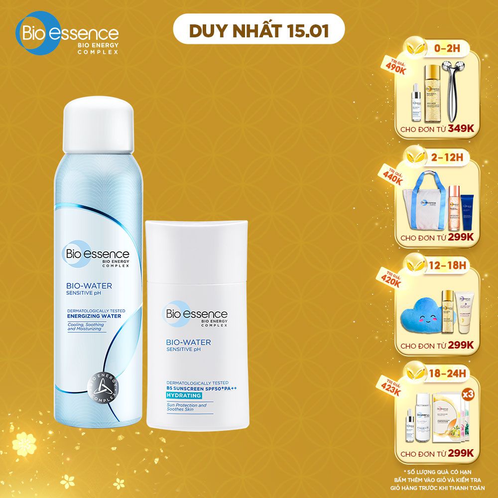 Combo dưỡng da Bio-Essence (Kem chống nắng Bio Water B5  Sunscreen SPF50+ PA++ 40ml+Xịt khoáng dưỡng da BioWater 100ml)