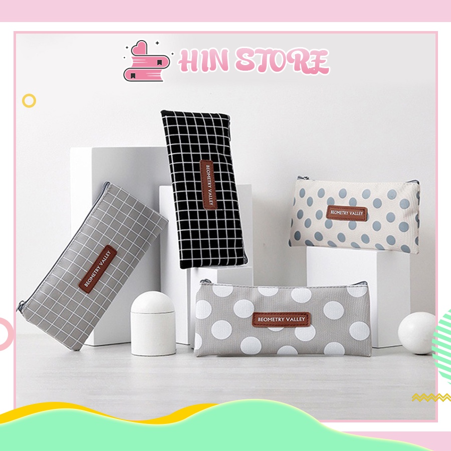 Túi Đựng Bút Vải Cute Dễ Thương Oxford Khóa Kéo Kiểu Chấm Bi, Kẻ Sọc, Đồ Dùng Học Tập Tiện Dụng Giá Rẻ HIN HB02
