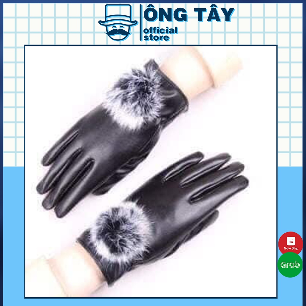 Găng tay da nữ cảm ứng đính bông