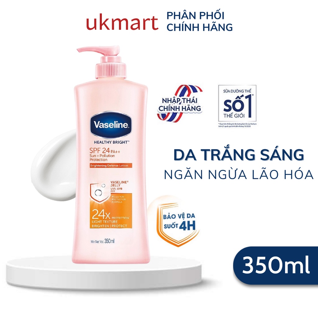 Sữa Dưỡng Thể Vaseline Dưỡng Trắng &amp; Bảo Vệ Da Trước Nắng Và Ô Nhiễm SPF 24 PA++