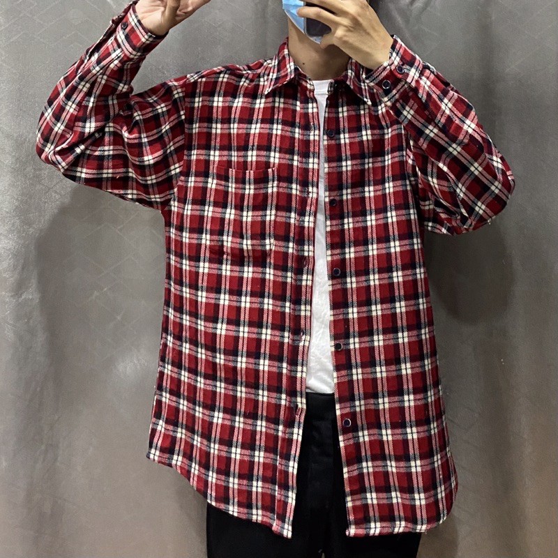 2HAND - ÁO SƠ MI FLANNEL KẺ CARO ĐEN ĐỎ TRẮNG SIZE L CỰC DỄ PHỐI ĐỒ, SIÊU MỚI