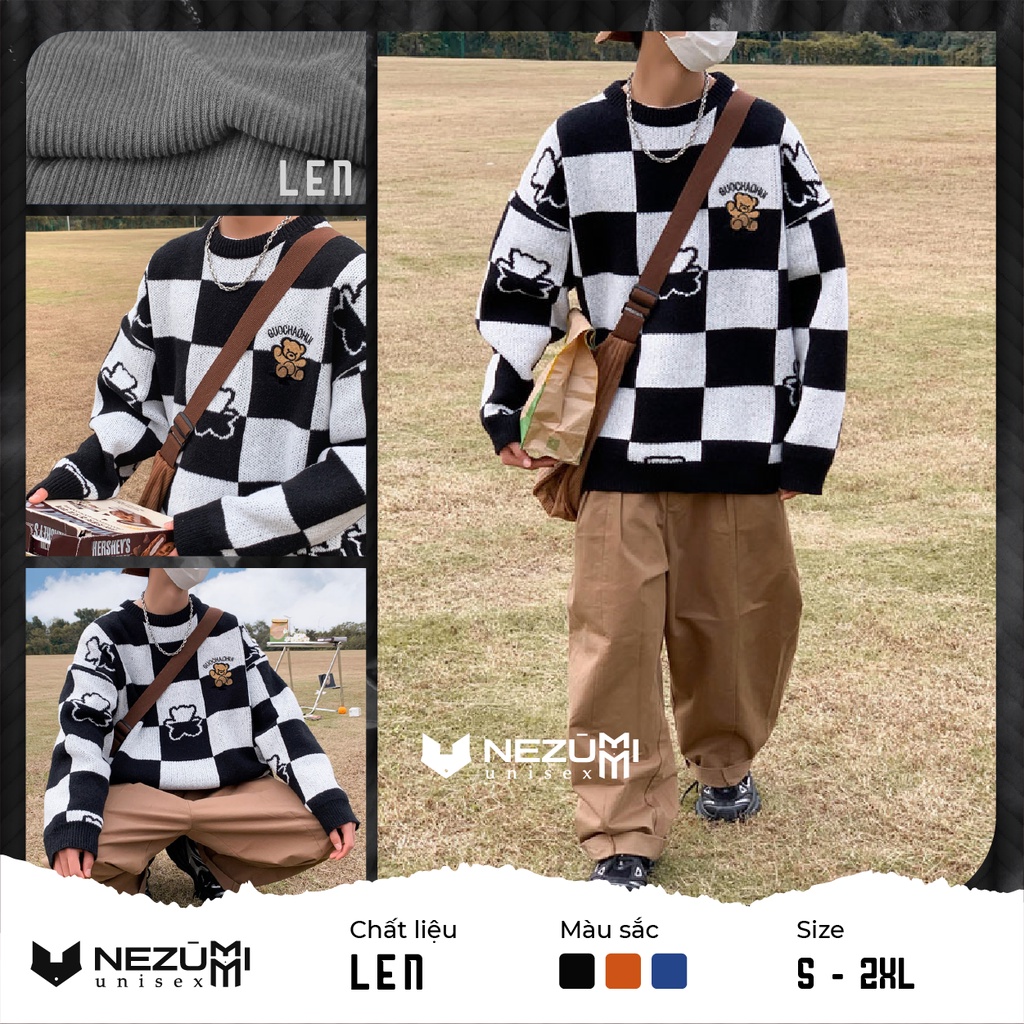 Áo len cổ tròn kẻ caro gấu đáng yêu unisex nam nữ hip hop đường phố, áo đôi cute mùa Đông