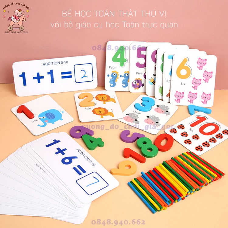 Bộ giáo cụ que tính học toán và thẻ ghép số học phép tính tư duy, giáo cụ Montessori cho bé