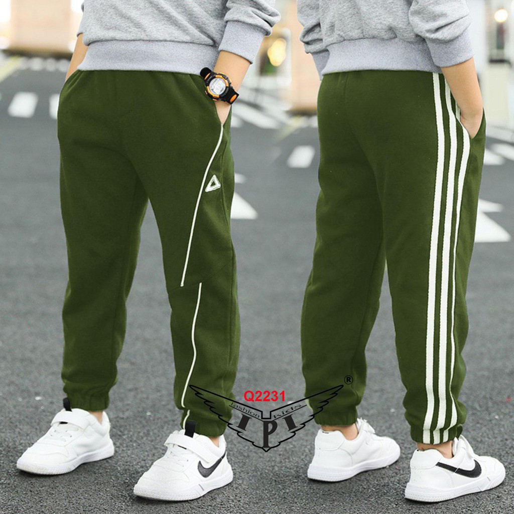 Quần thun dài kiểu dáng jogger cho bé trai bé gái mặc túi xẻ màu đen, xám và xanh