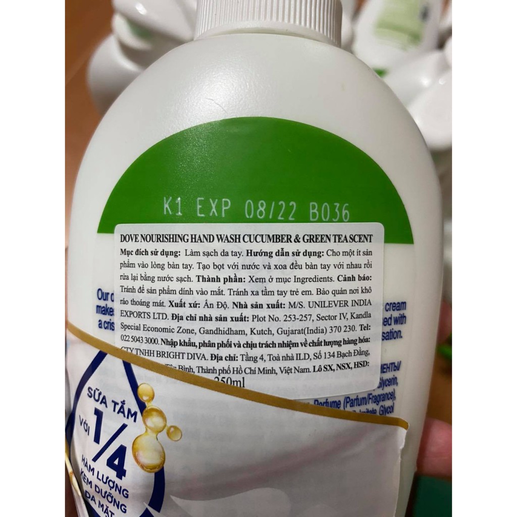 Xà Phòng Rửa Tay Chiết Xuất Dưa Leo Và Trà Xanh Dove Caring 250ml