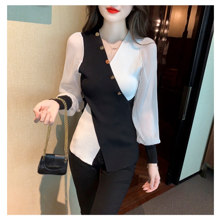 Áo kiểu ZHELIHANGFEI chiffon tay dài phồng cổ chữ V thời trang dành cho nữ