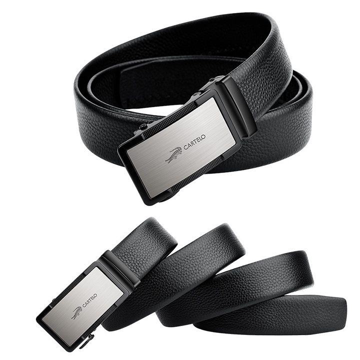 Thắt lưng nam da bò lớp đầu tiên, 2 mặt da cuộn 360 độ, kết cấu vân rõ ràng mềm mại, khoá rút tự động, CARTELO - TL2205