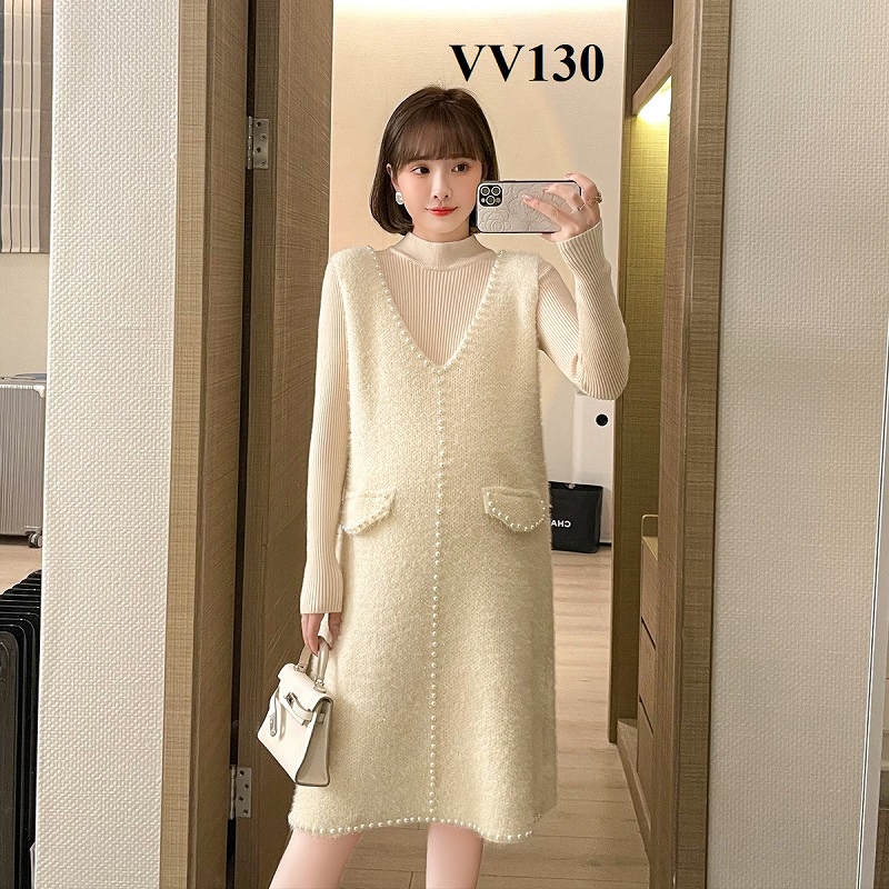 Set đầm Len Bầu Tay Dài  đính hạt hàng Quảng Châu CC siêu xinh