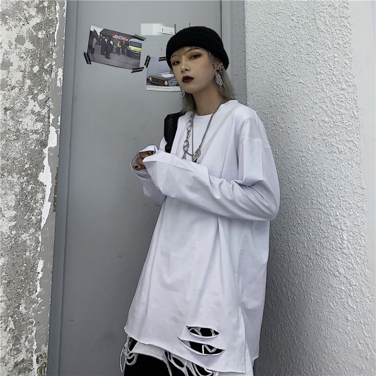 Áo thun dài tay 95% cotton rách gấu tạo layer màu basic hip hop unisex nam nữ